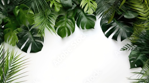 Background of tropical green leaves. Banner layout for a text field. the concept of recreation and travel. Background with tropical green leaves of monstera.. generative ai