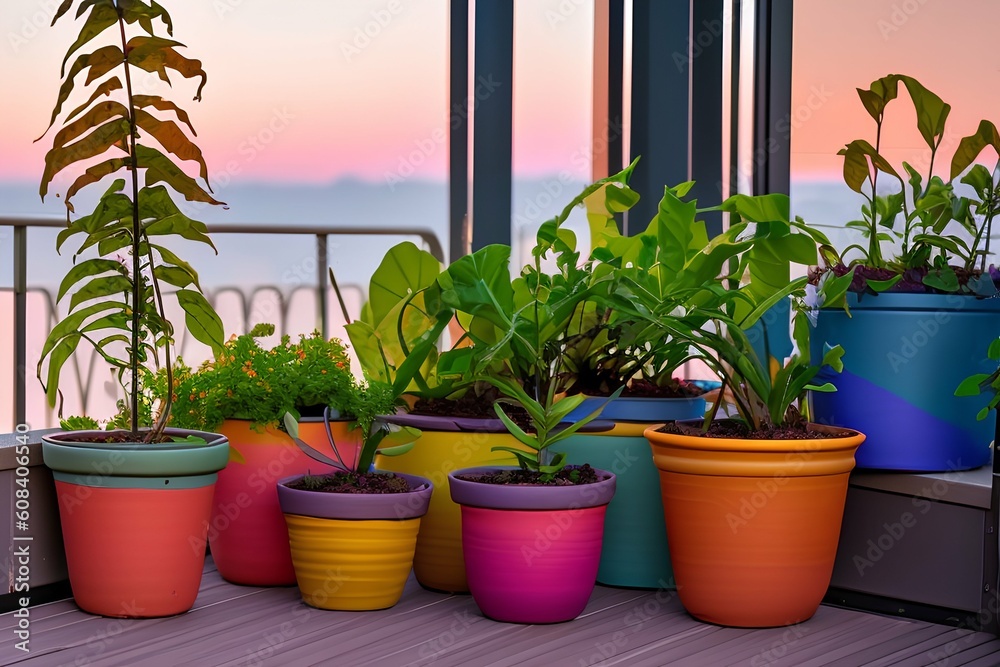 Colorful pots and sunset light on the balcony of the house - generative ai