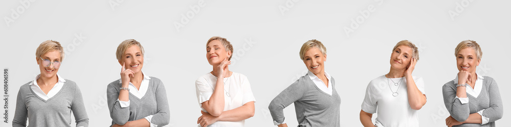 Set of fashionable mature woman on light background Set of fashionable mature woman on light background