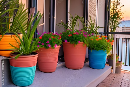 Colorful pots and sunset light on the balcony of the house - generative ai