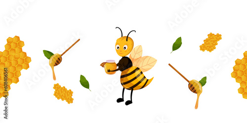 bee day honey day Set of decorative elements honey jar spoon leaves honeycomb Vector