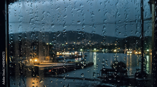 Harbor Serenade: Raindrops on a Window Pane. Generative AI photo