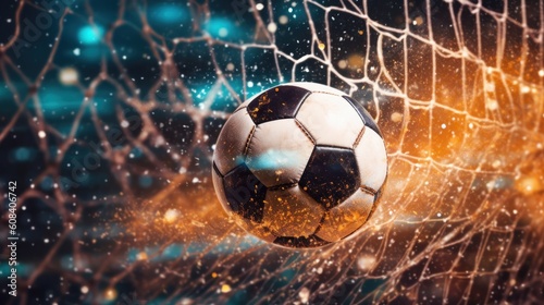 Soccer ball hitting the net with glitter effect and high speed. Generative AI.