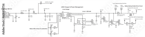 Schematic diagram of electronic device.
Vector drawing electrical circuit with 
micro usb connector, led, fuse, ferrite bead, timer,
resistor, capacitor
and other electronic components.