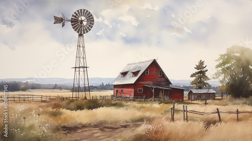 painting of a farm barn and windmill in the field