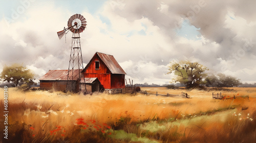 painting of a farm barn and windmill in the field