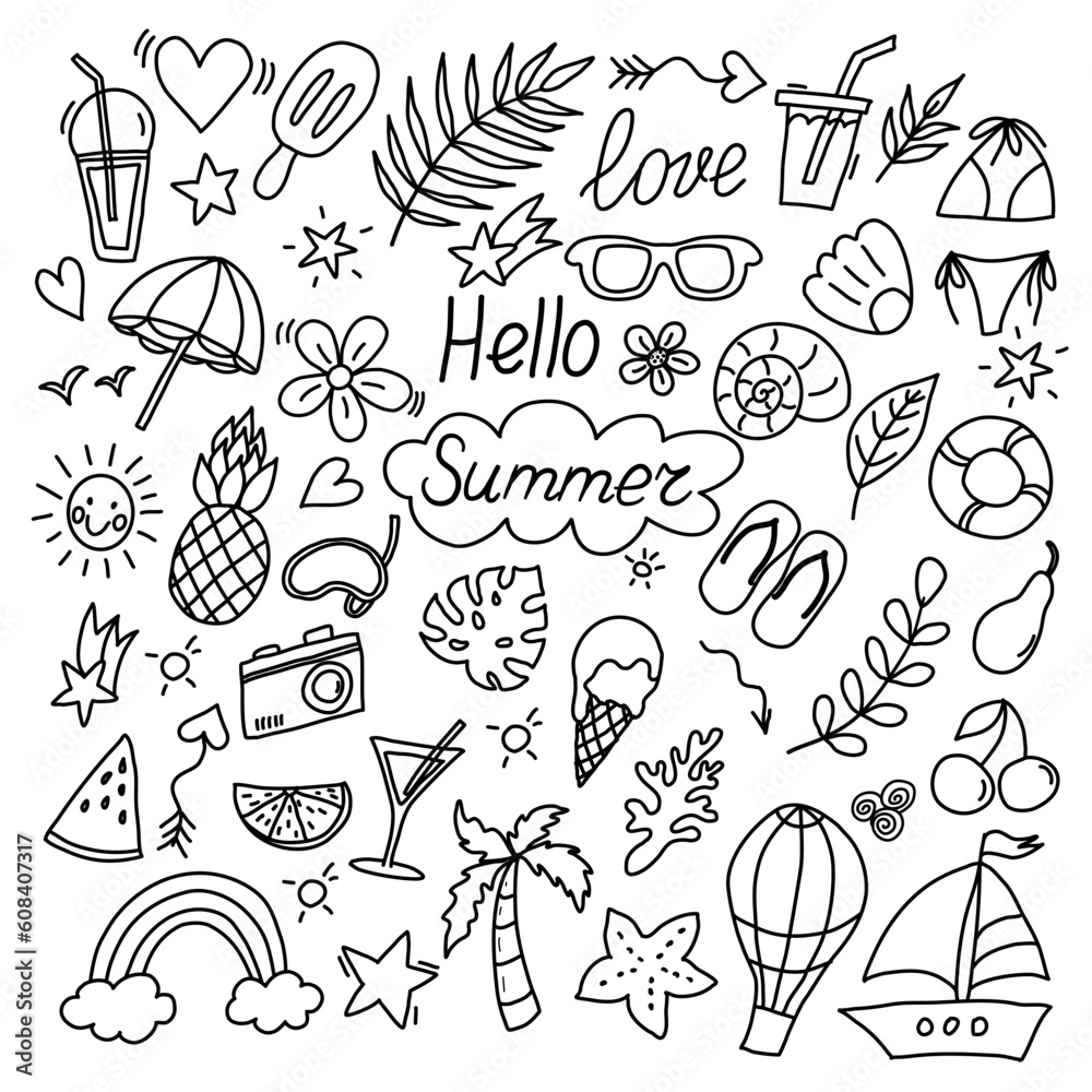 Summer doodles icon set. Hand drawn lines icons collection. Set of summer beach items.