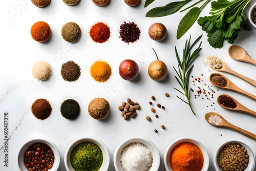 Colorful and aromatic spices and herbs. Food additives image created by AI