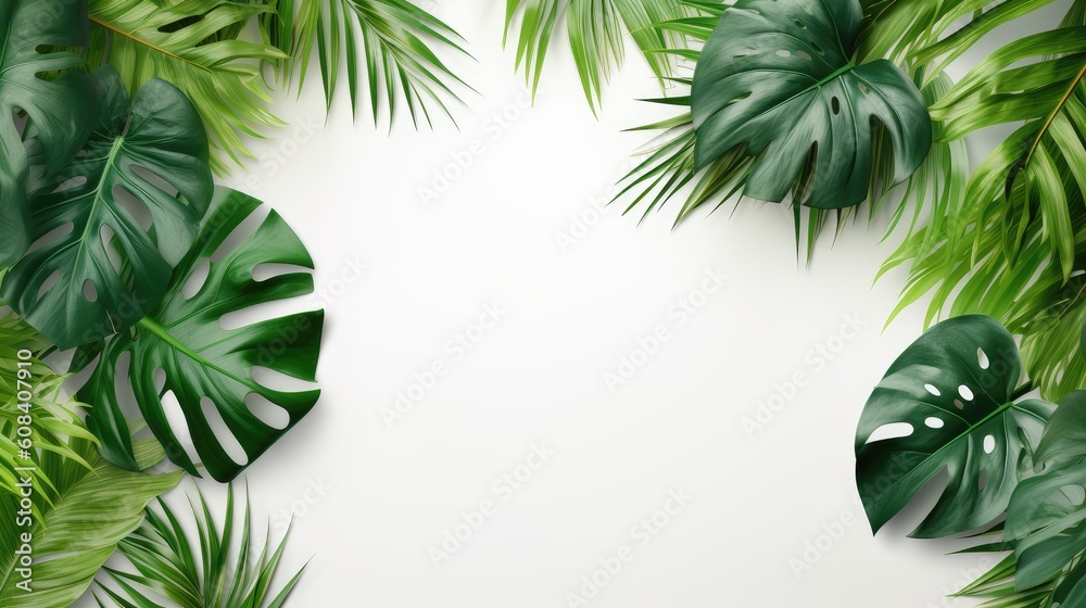 Tropical green leaf. Layout of the banner for text field. Isolated on a white background. concept of relaxation and travel. generative ai