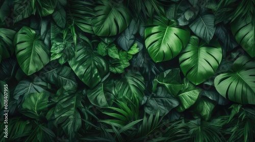 Background of tropical green leaves. Banner layout for a text field. the concept of recreation and travel. Background with tropical green leaves of monstera.. generative ai