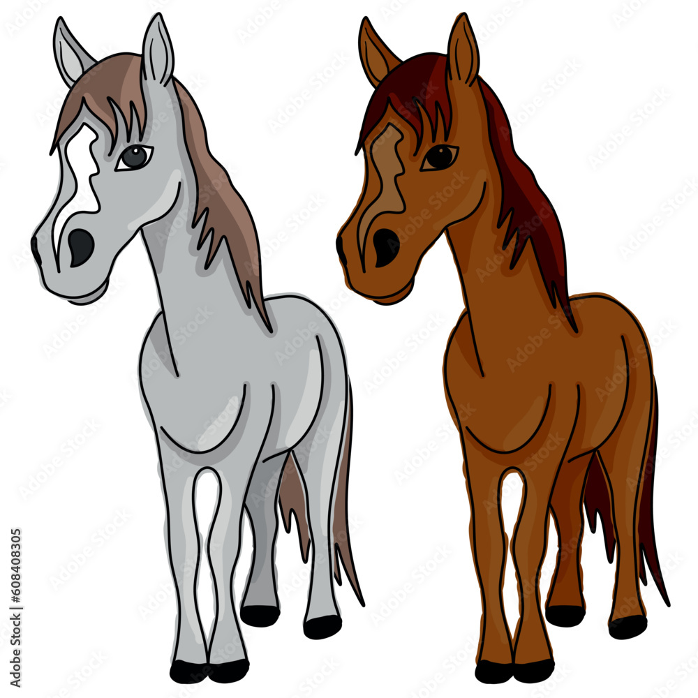 Vector flat colorful illustration ready to print: cute cartooned pony horse set