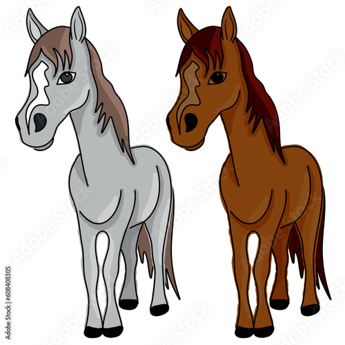 Vector flat colorful illustration ready to print: cute cartooned pony horse set