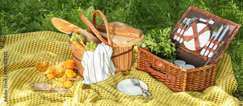 Wicker baskets with tasty food and drink for romantic picnic in park