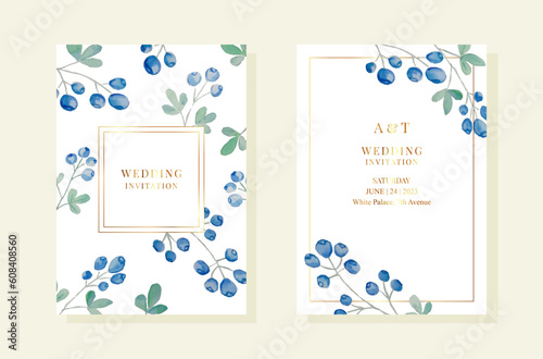 Wedding pemplates with watercolor blueberries and leaves. Gold frames