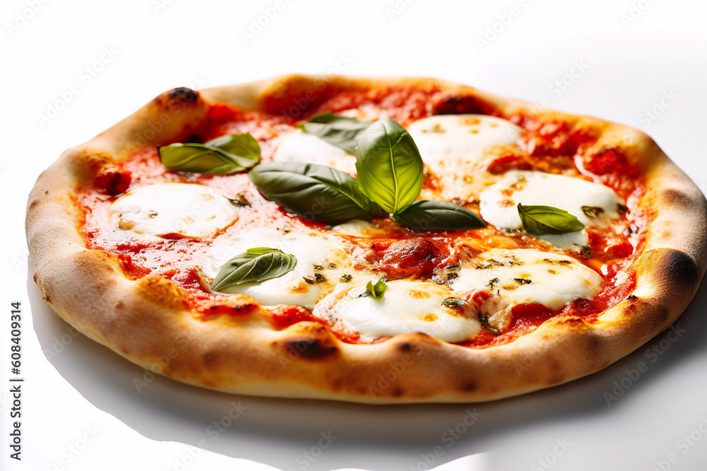 A small Margherita pizza with cheese and basil leaves. Generative AI.
