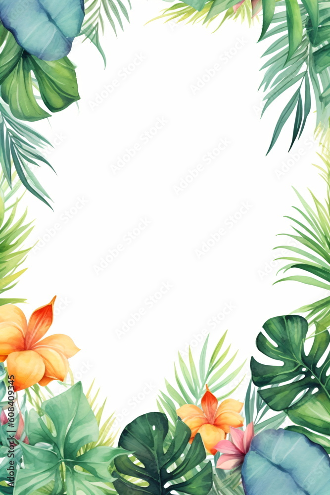 Aquarell tropische Blätter und Blumen auf weißem Hintergrund mit Platz für Text - mit KI erstellt Aquarell tropische Blätter und Blumen auf weißem Hintergrund mit Platz für Text - mit KI erstellt