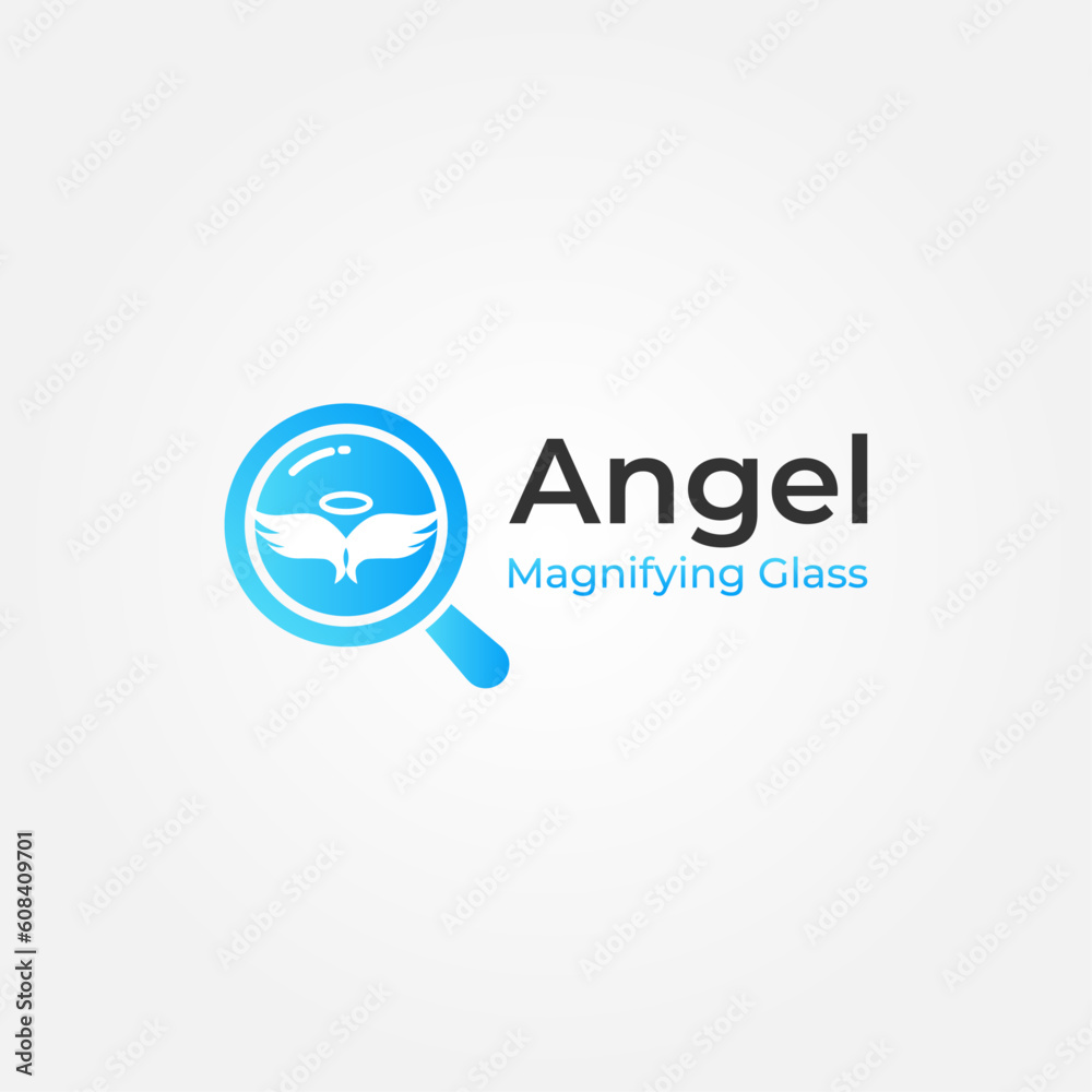 Angel Logo Graphic Design inside Magnifying Glass with gradient blue color. This logo is for health and healing. Angel Logo Graphic Design inside Magnifying Glass with gradient blue color. This logo is for health and healing.