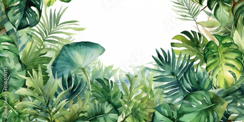 Aquarell tropische Bl  tter und Blumen auf wei  em Hintergrund mit Platz f  r Text - mit KI erstellt 