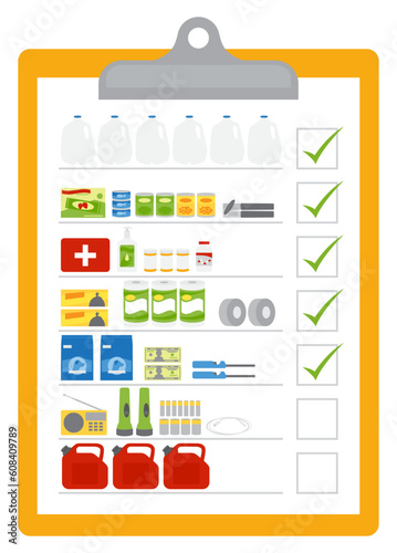 A clipboard checklist for hurricane and disaster preparedness items.
