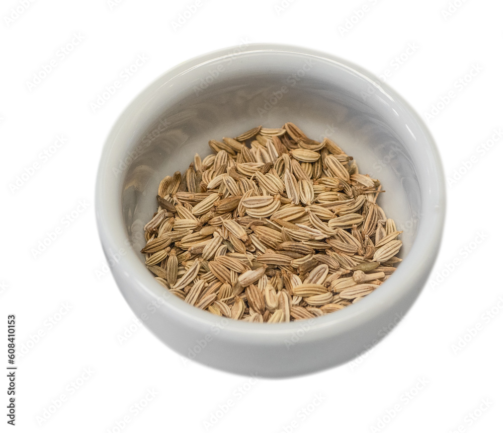 fennel seeds in the cup in white isolated