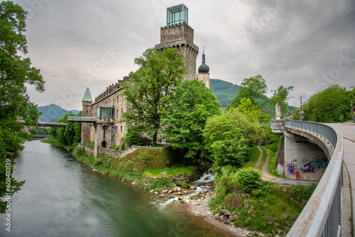 River scene in the town of Waidhofen an der Ybbs in Austria, with the old architecture and a bridge over the Ybbs river