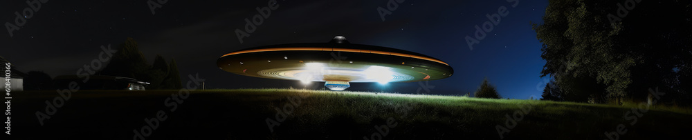 Stunning panoramic image of a UFO taking off at night, evoking mystery and wonder with its captivating light display. Ideal for capturing the imagination and igniting curiosity. Generative AI Stunning panoramic image of a UFO taking off at night, evoking mystery and wonder with its captivating light display. Ideal for capturing the imagination and igniting curiosity. Generative AI