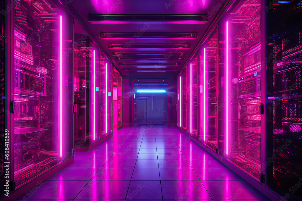 modern magenta colored server room, generative ai illustration
