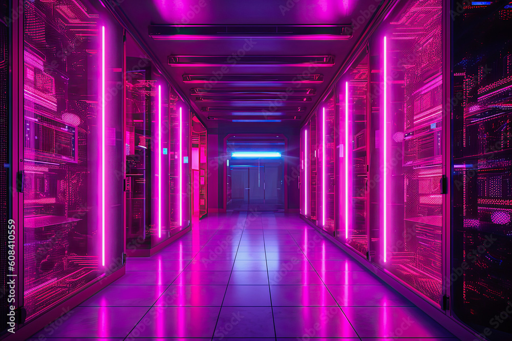 Fototapeta premium modern magenta colored server room, generative ai illustration