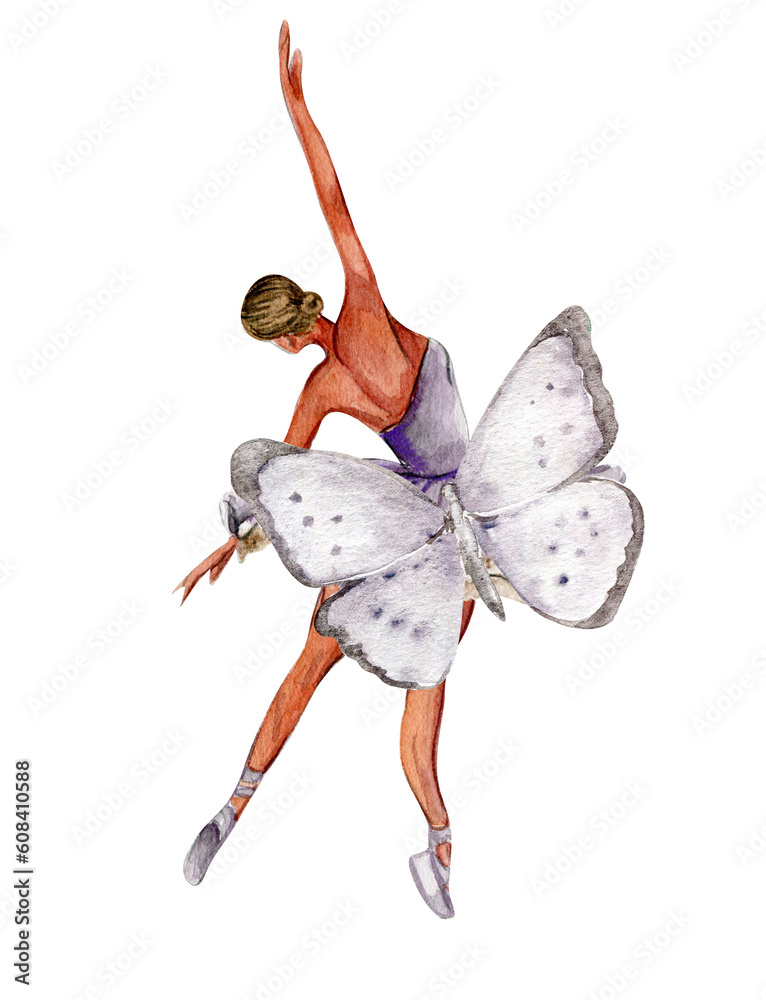 Obraz premium Watercolor dancing ballerina with butterfly. Lilac dresss ballerina. Picture for poster, invitation, postcard, background and posters