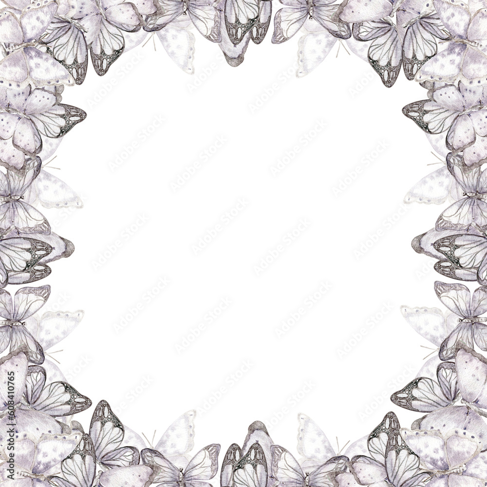 Delicate lilac butterflies square wreath. Watercolor illustration for scrapbooking, cards, backgrounds. Perfect for wedding invitation.