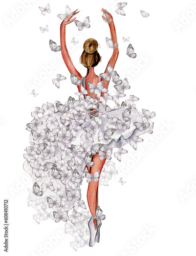 Watercolor dancing ballerina with butterfly. Lilac dresss ballerina. Picture for poster, invitation, postcard, background and posters