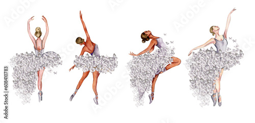 Watercolor dancing ballerina with butterfly and magnolia. Lilac dresss ballerina. Picture for poster, invitation, postcard, background and posters