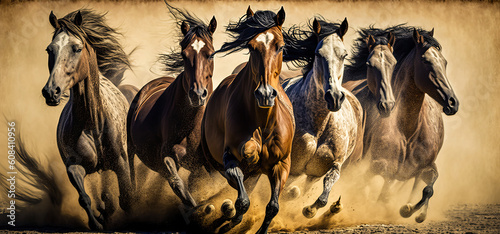 Captivating image of wild horses running powerfully through dust, showcasing their beauty and determination, evoking intense emotions and admiration. Generative AI