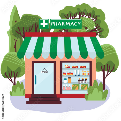 Showcase of a pharmacy store. Facade with a window, a door, a canopy and a sign. Colorful building against the backdrop of green trees and bushes.Vector flat style illustration isolated on white. © Alla