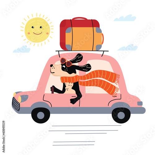 Dog driving a retro car.Cute animal character in a scarf and glasses.Background with sun and clouds.Colorful print on fabric and paper.Vector cartoon flat style illustration isolated on white.