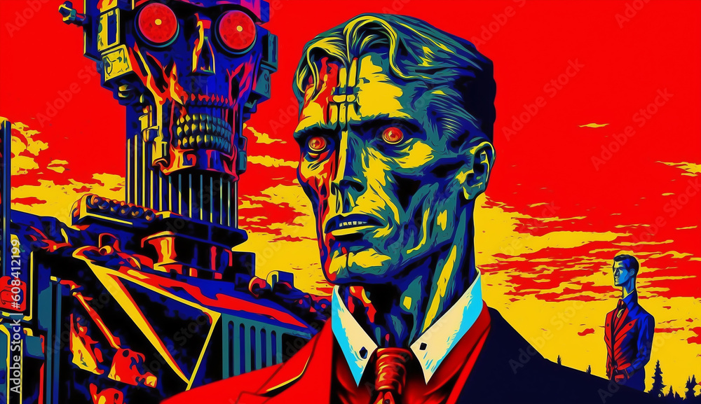 Obraz premium Grim portrait of AI gone evil, in propaganda poster style