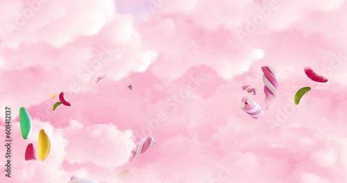 Animated background. Animated fly in to the sweet world with pink clouds and candies levitating around