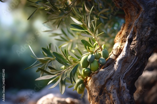 Close up of an olive tree branch with green olives in plantation.