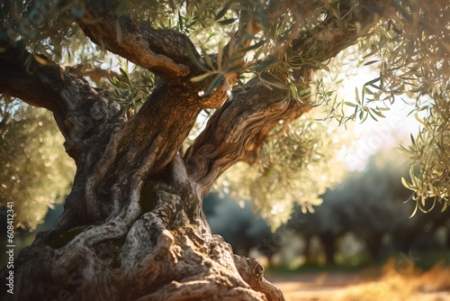 Close up of an olive tree branch with green olives in plantation.