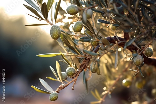 Close up of an olive tree branch with green olives in plantation.