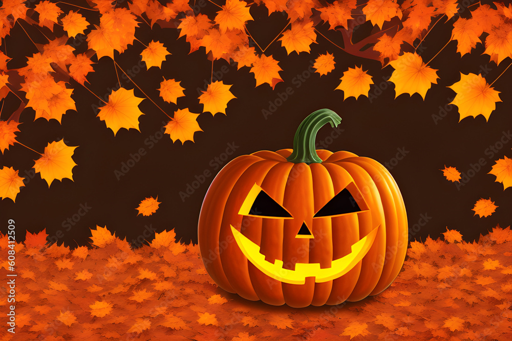 Halloween Pumpkin on autumn leaves, AI generated Halloween Pumpkin on autumn leaves, AI generated