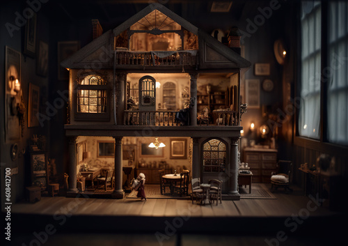 A doll house with a lot of furniture in it. AI generative.
