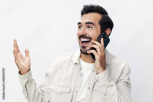 Closeup portrait man talking on the phone smile with teeth happiness and laughter on white isolated background, fashion style clothes, copy space, space for text