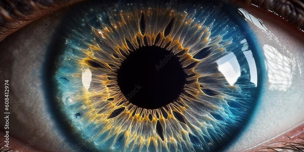 Iris Fotografie Nahaufnahme Makroaufnahme einer schönen blauen Iris mit Einblick in die Pupille, ai generativ - obrazy, fototapety, plakaty 