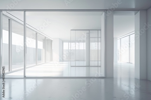 A model of an empty, attractive room in crisp white with a modern frame and wallpaper in the background is shown. Generative AI