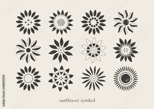 ひまわりのロゴマーク 夏の花のアイコンイラストセット（白黒）