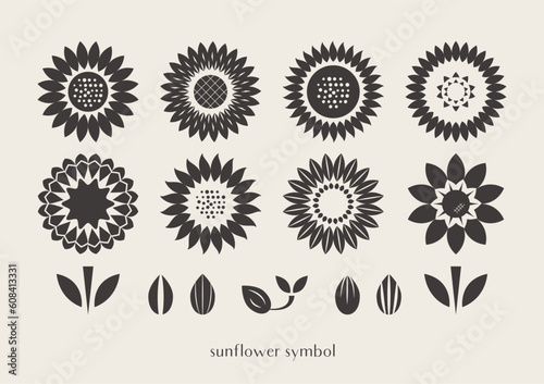 ひまわりの花のイラストセット（ひまわりの種、芽、葉っぱ）白黒