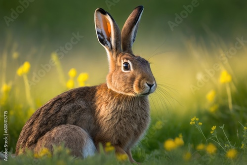 In the summer, a single brown hare sits in a grassy meadow. Generative AI © 2rogan