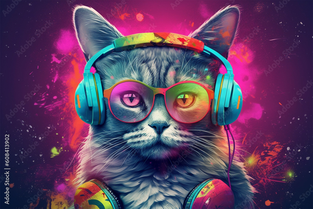 cat wearing full color headset generative ai