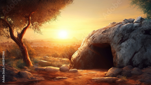 Empty tomb of Jesus Christ at sunrise resurrection. Generative ai